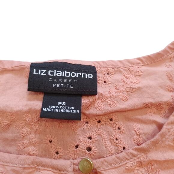 Liz Claiborne Stretch Petite Small PS Pink Eyelet Short Sleeve Blouse Top Summer - Picture 5 of 6